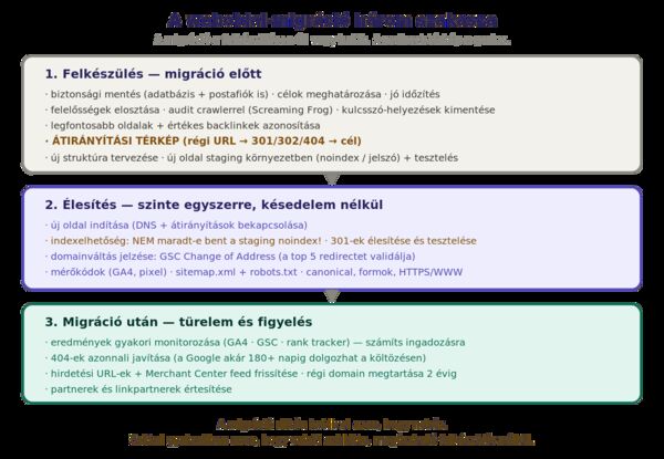 A weboldal-migráció három szakasza: a felkészülés, az élesítés és a migráció utáni felügyelet, a fő teendőkkel.